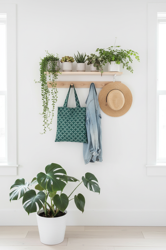 Entryway with plants, a hat, and bags on a wooden shelf against a white wall.