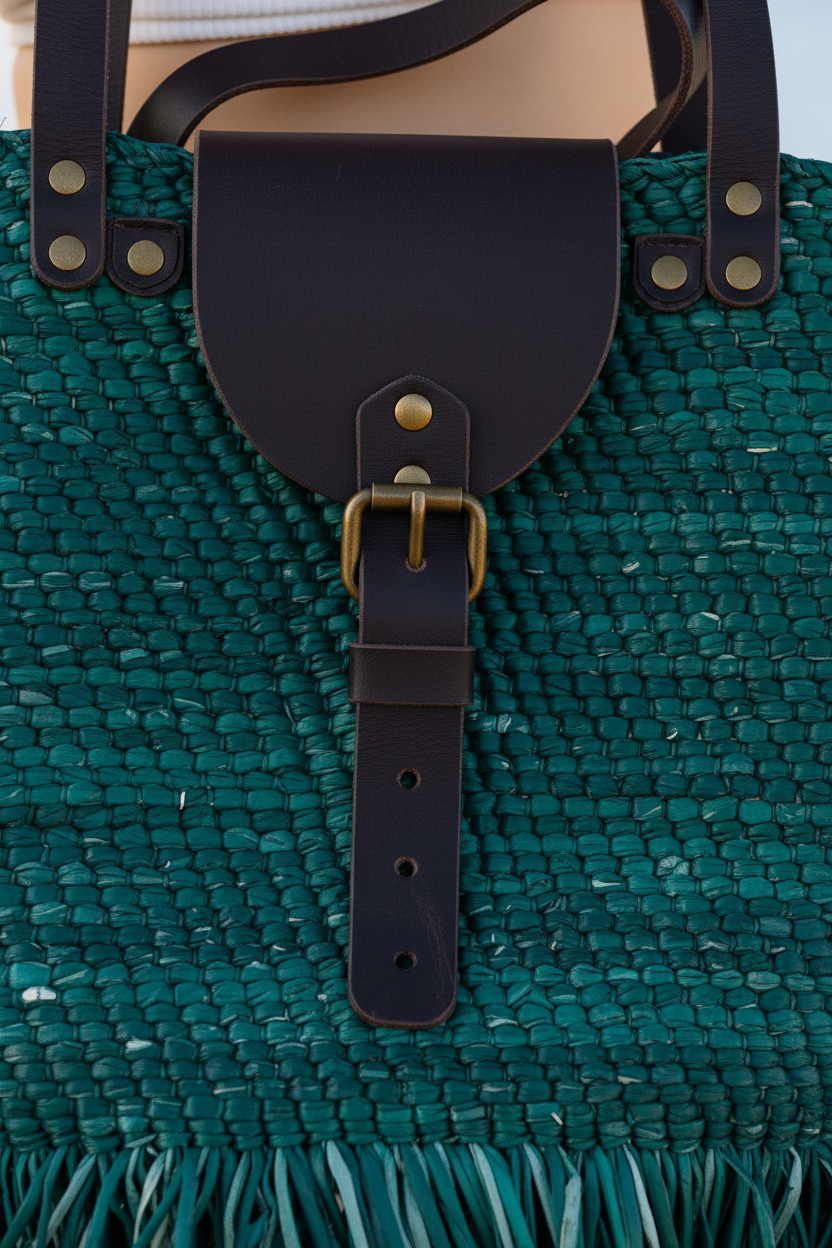 Close-up detail of green fringed tote showing leather closure and woven texture
