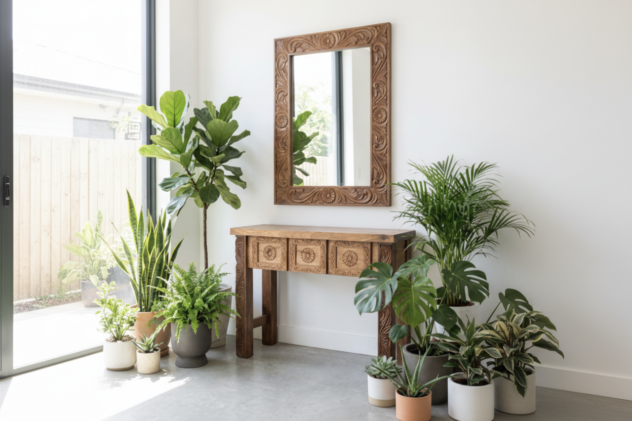 Filigree Flourish Zanzibar Console styled in bright entryway with carved mirror and abundant plants
