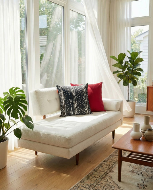 White sofa with decorative pillows in red, black and white in a bright living room with large windows and plants.
