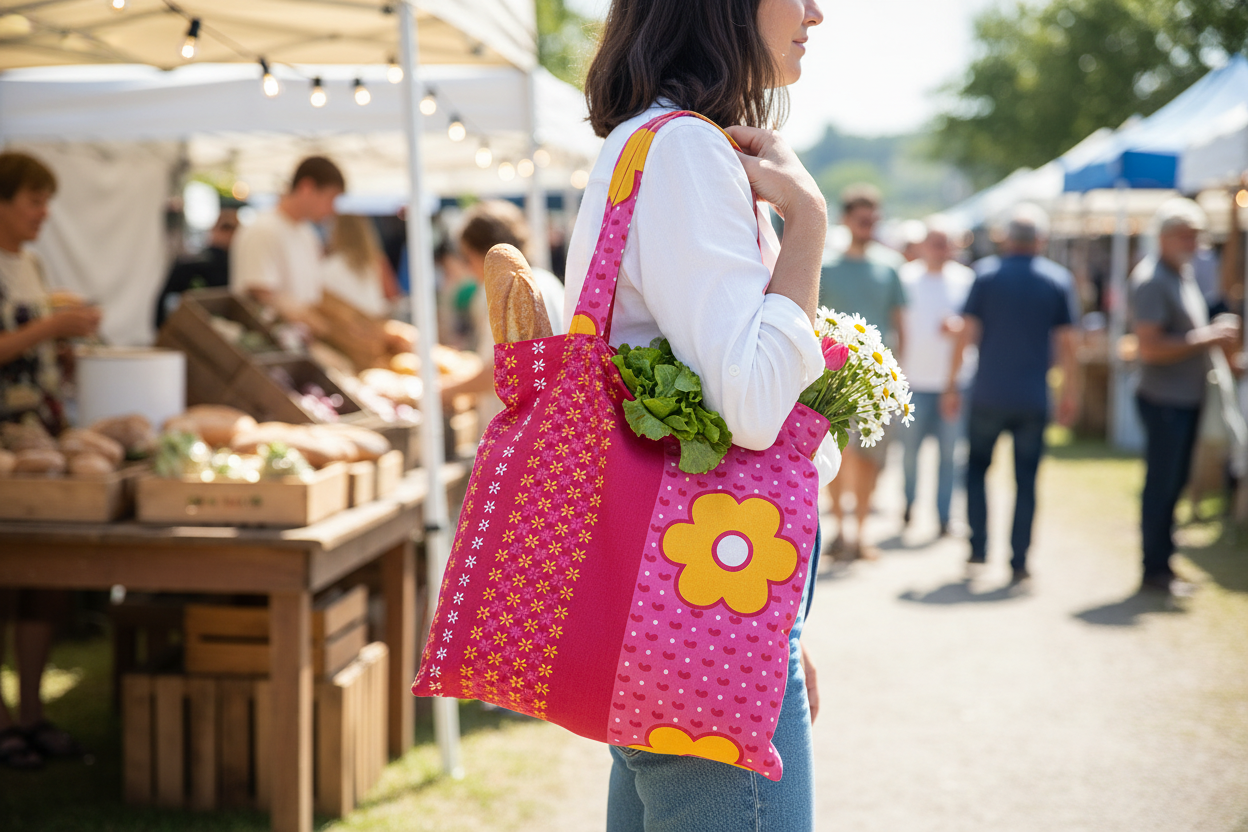 Sunshine Daisy tote bag in use at market or cafe - lifestyle product photography
