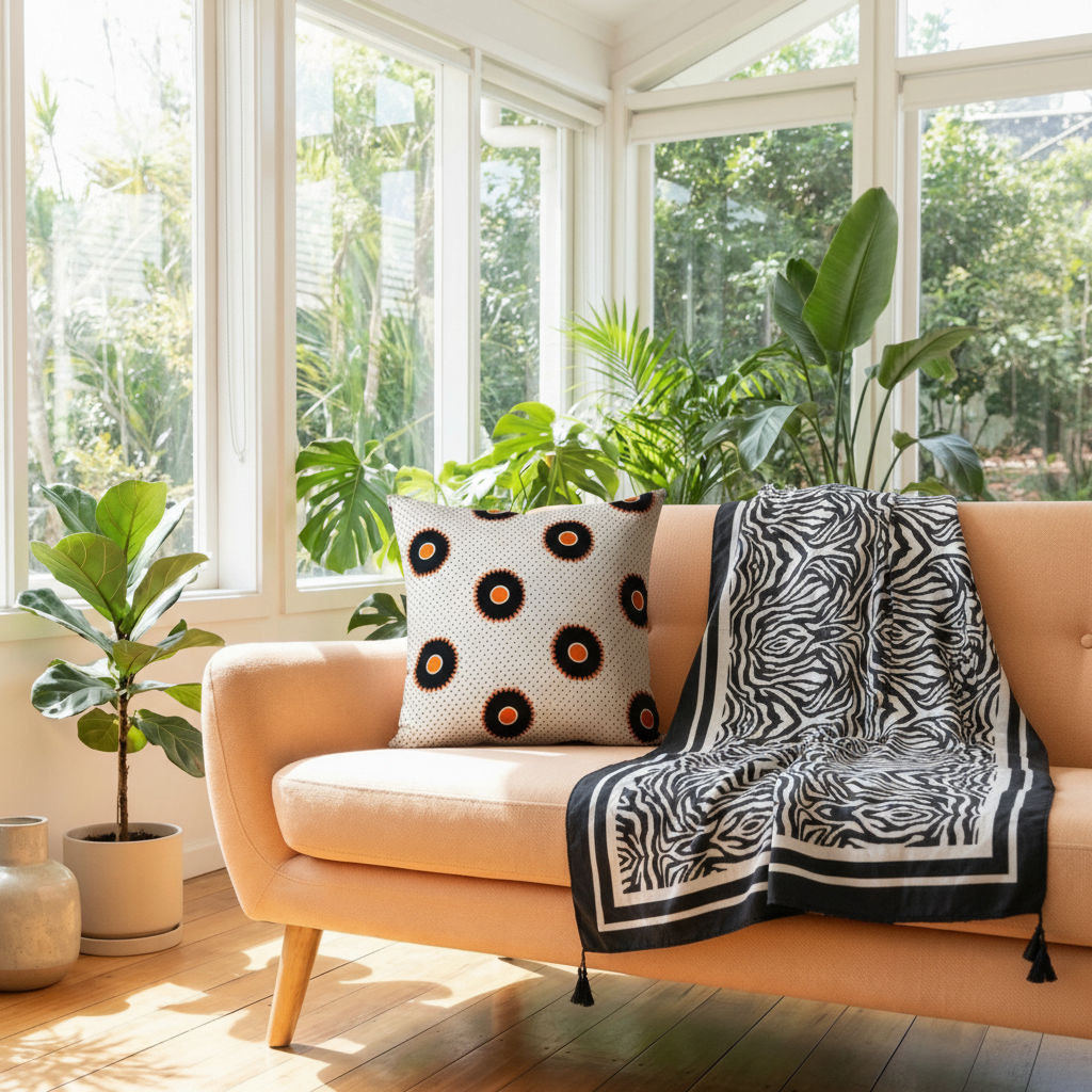 Beige sofa with decorative pillow and blanket in a sunlit room with large windows and plants.