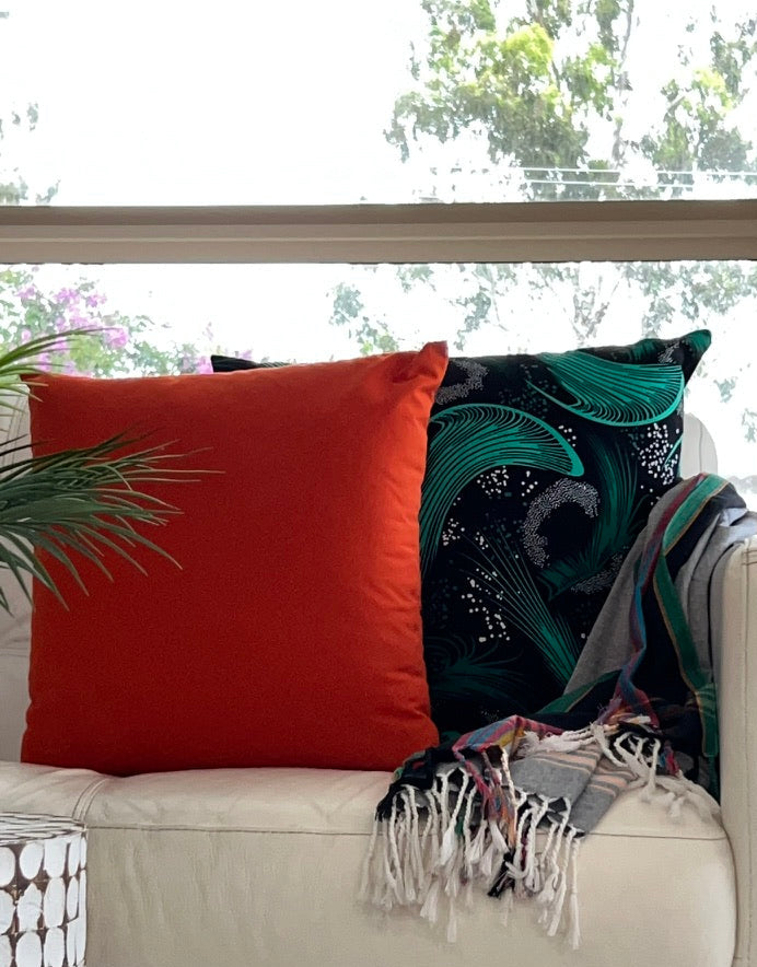 Orange Cushion Cover and Green Black & White Cushion Cover and Black Grey & Green Throw Rug