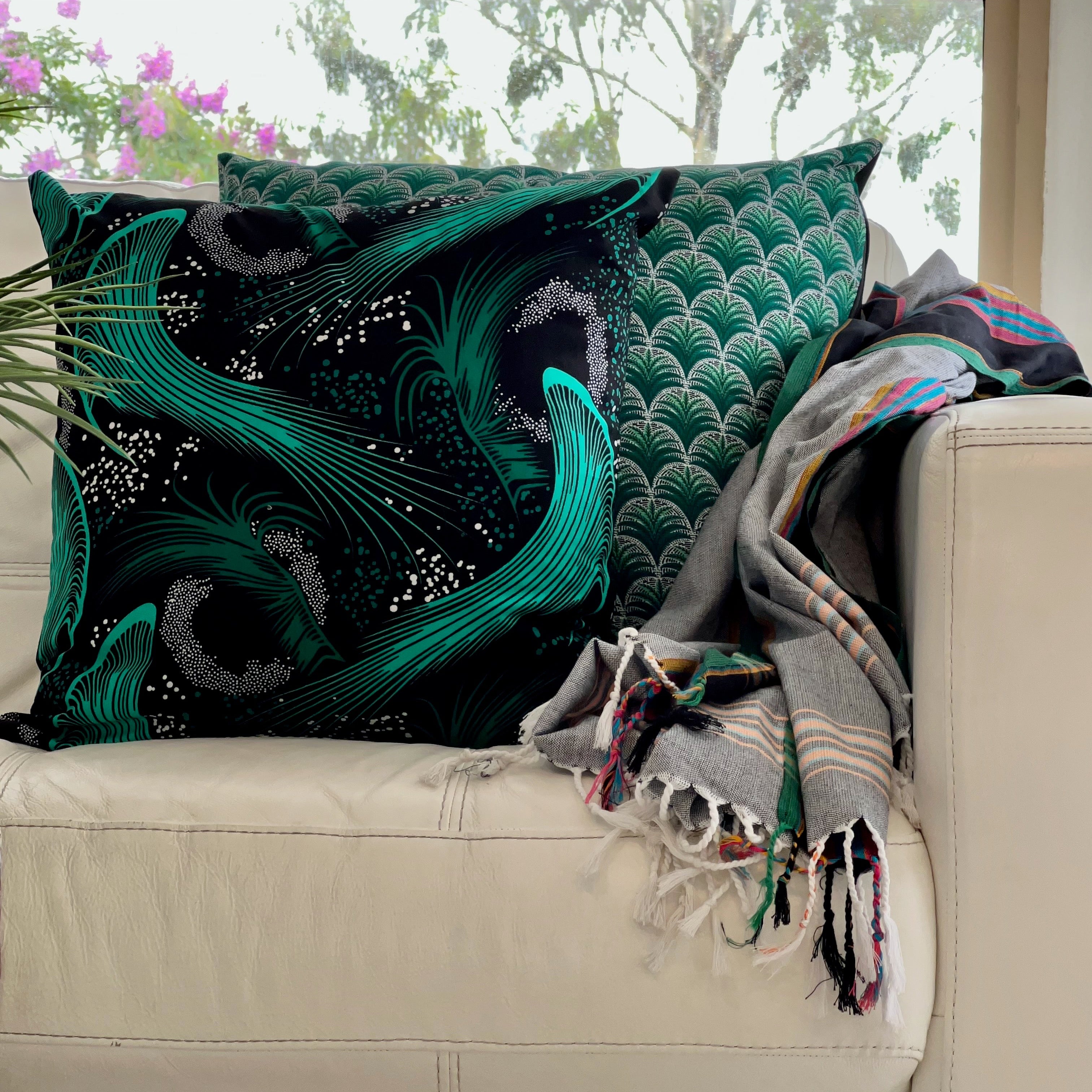 Green Black & White Cushion Covers and Black Grey & Green Throw Rug