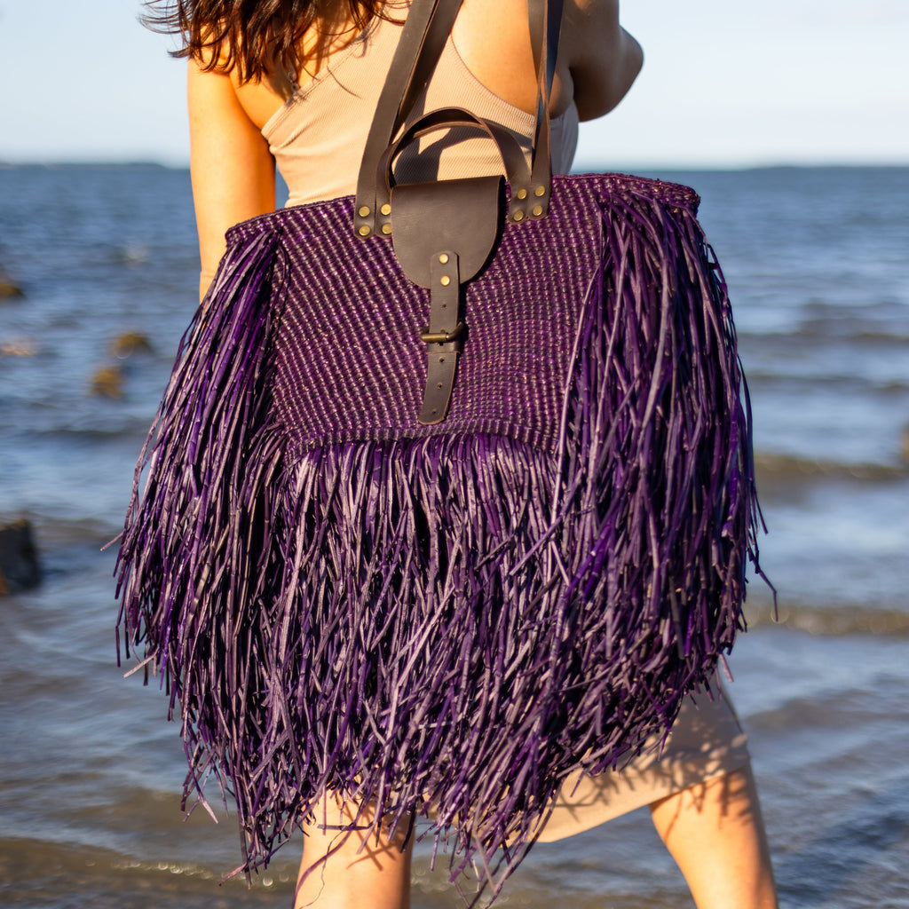 Midnight Violet · Woven Fringed Tote