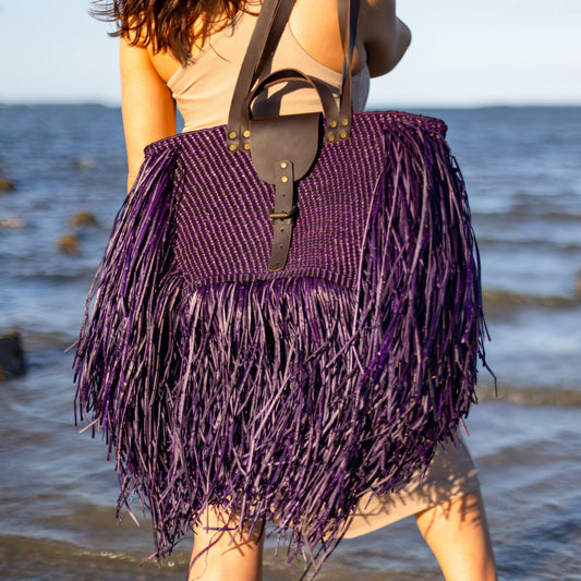 Midnight Violet · Woven Fringed Tote