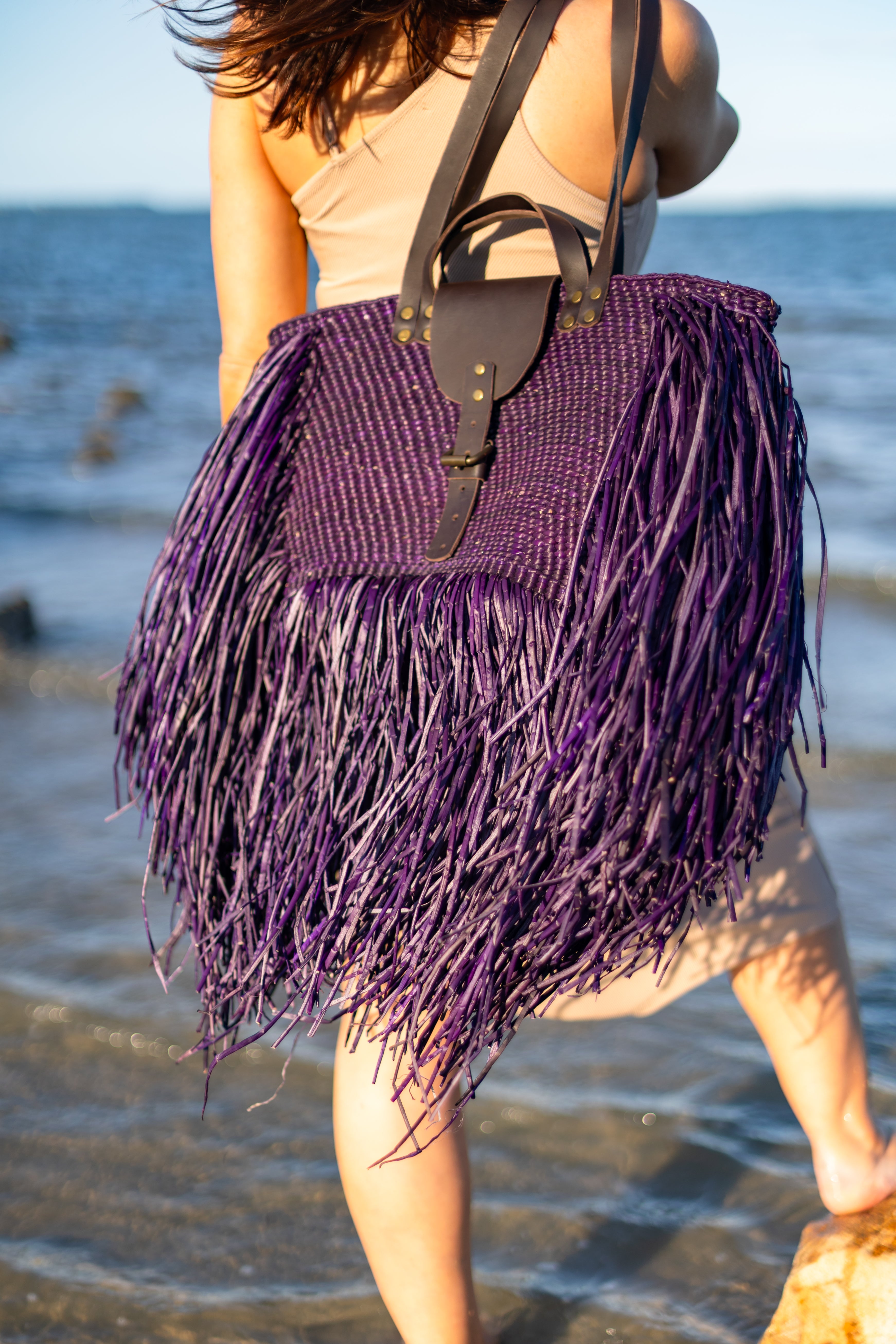 Midnight Violet · Woven Fringed Tote