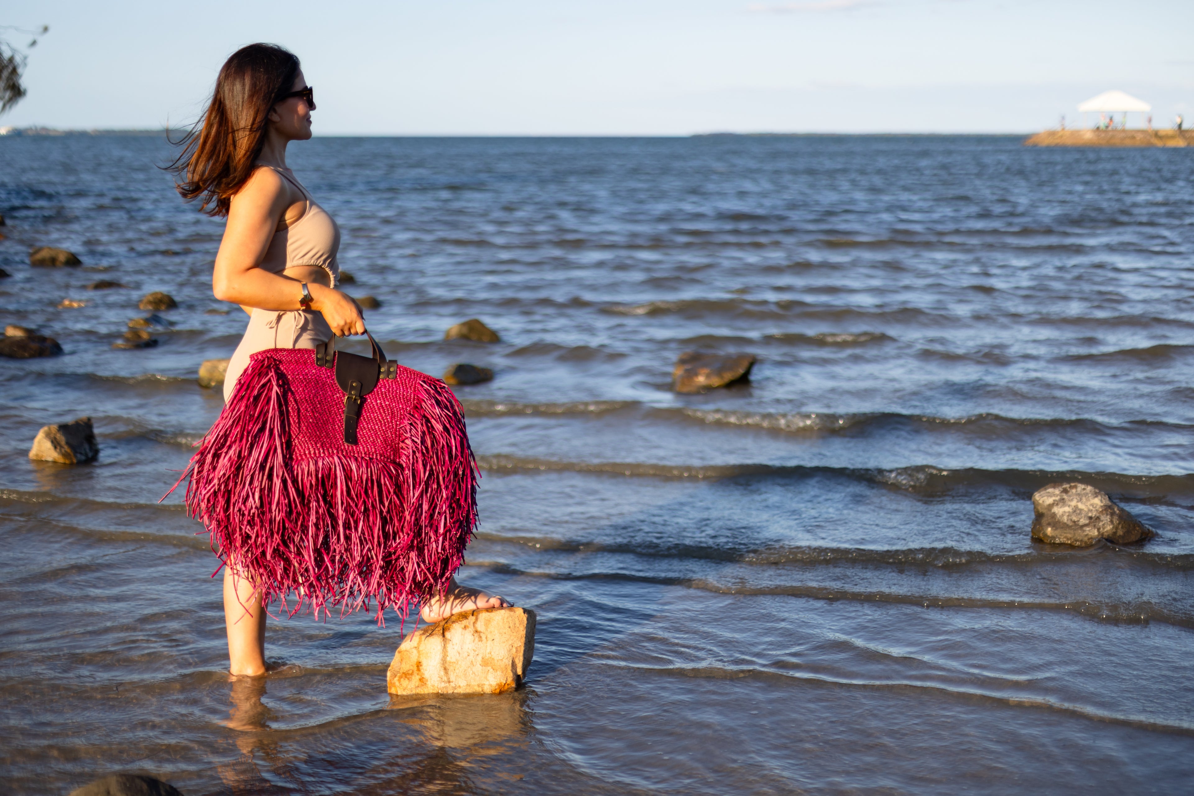 Crimson Sunset · Woven Fringed Tote