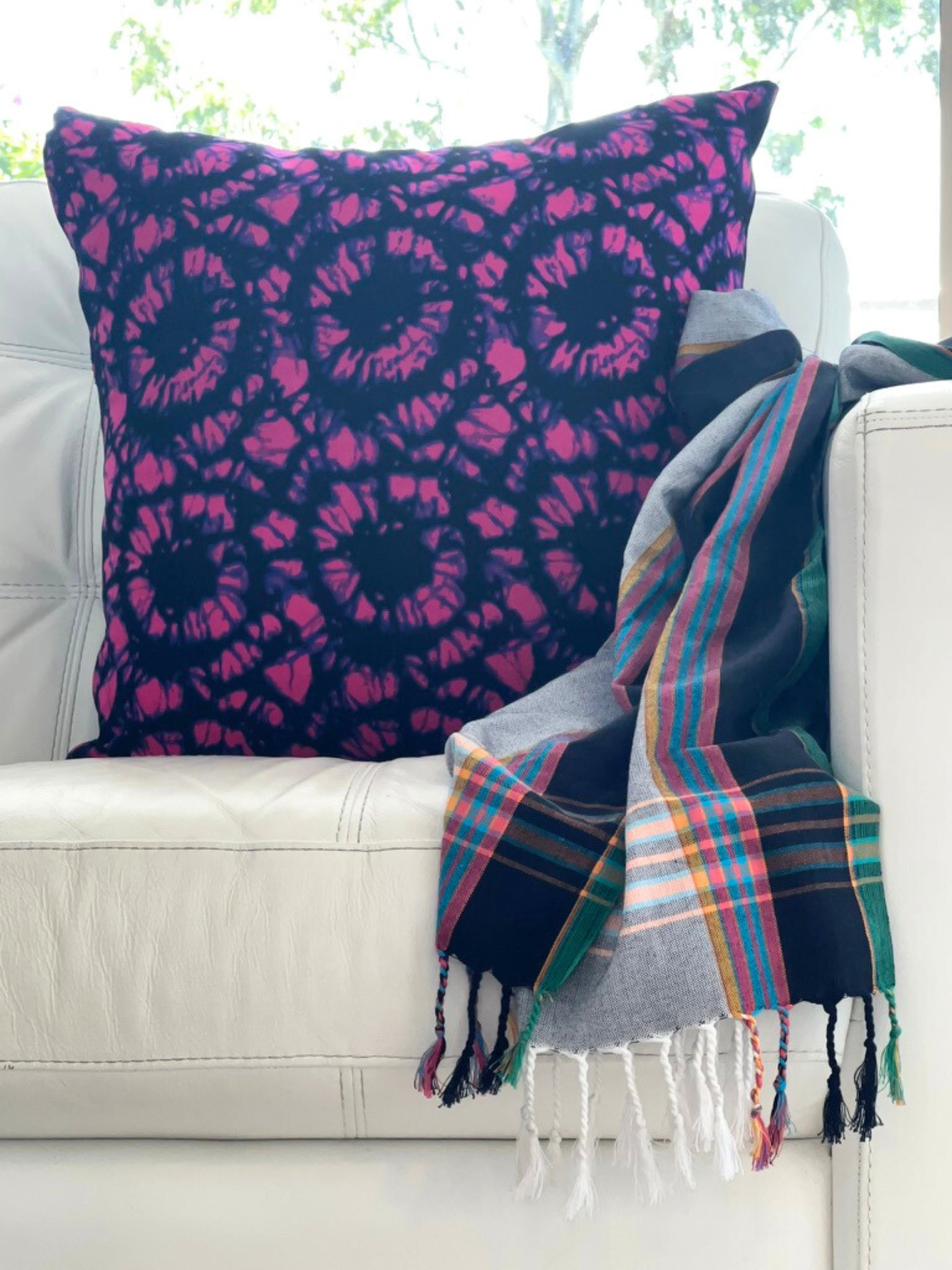 Pink Indigo & Black Cushion Cover and Black Grey & Green Throw Rug