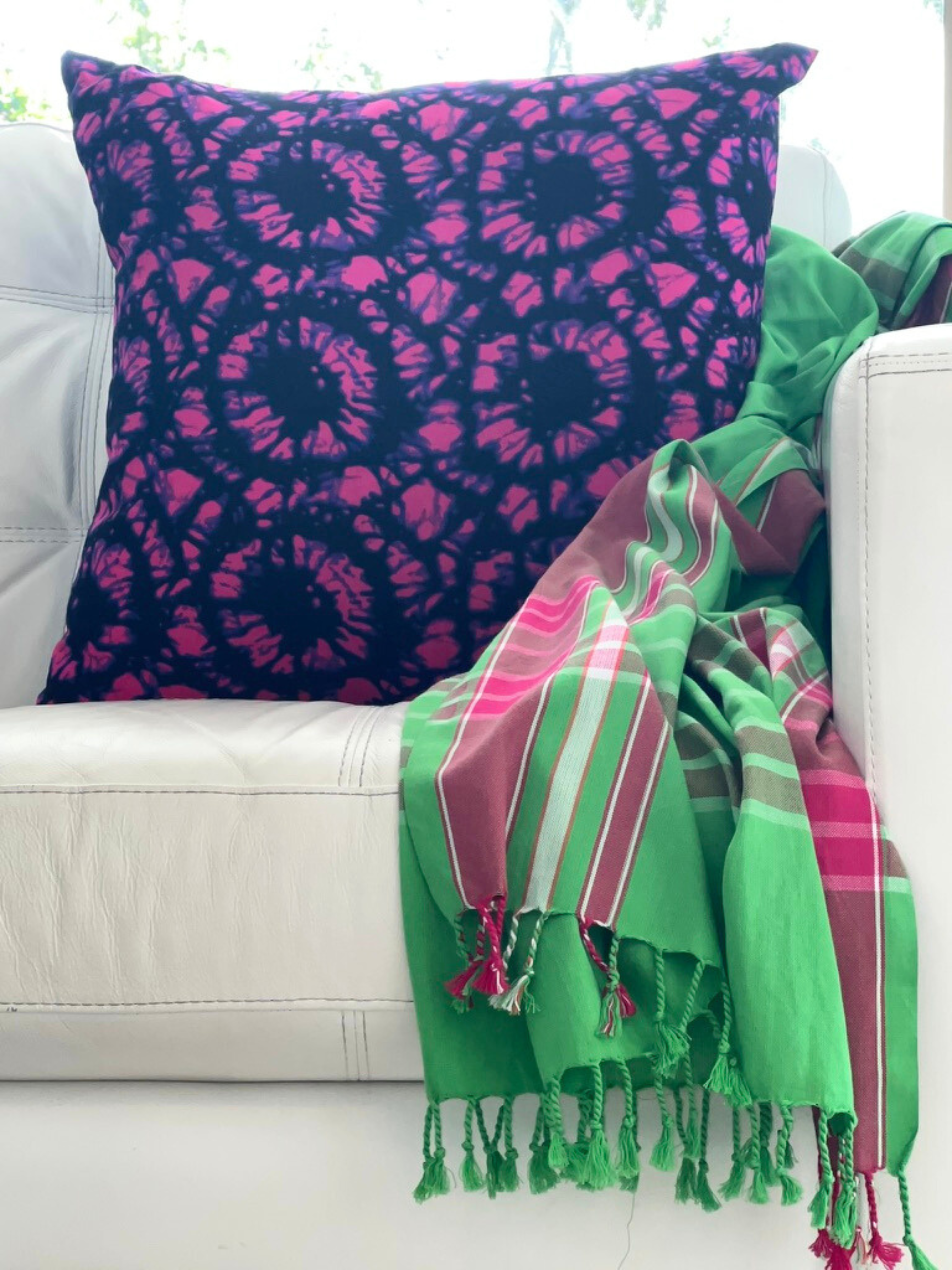 Pink Indigo & Black Cushion Cover and Green Pink & White Throw Rug