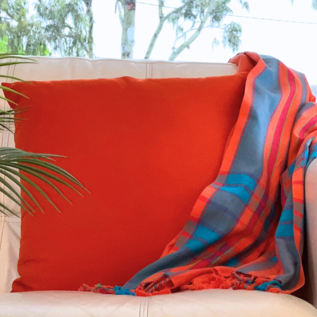 Orange Cushion Cover and Orange Turquoise & Red Throw Rug