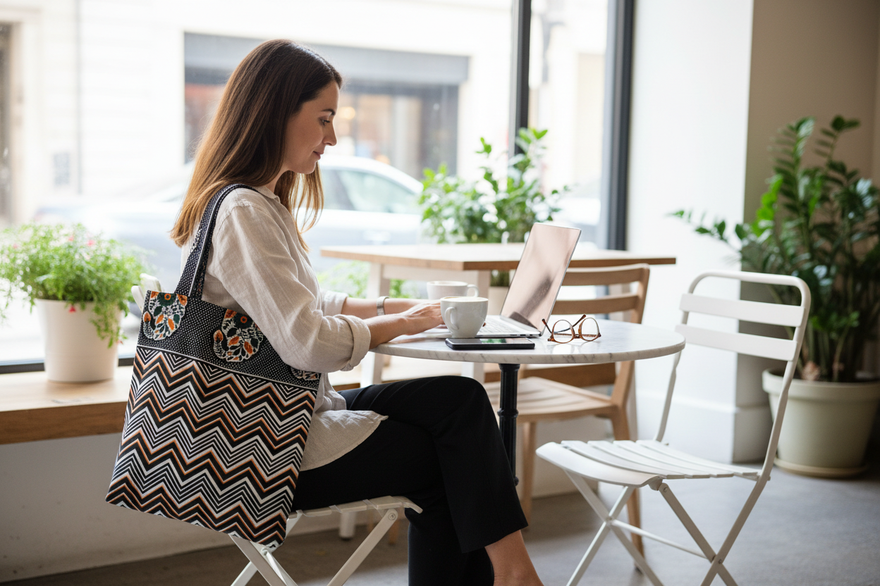Woman sitting at a cafe table with a large tote bag, using a laptop.