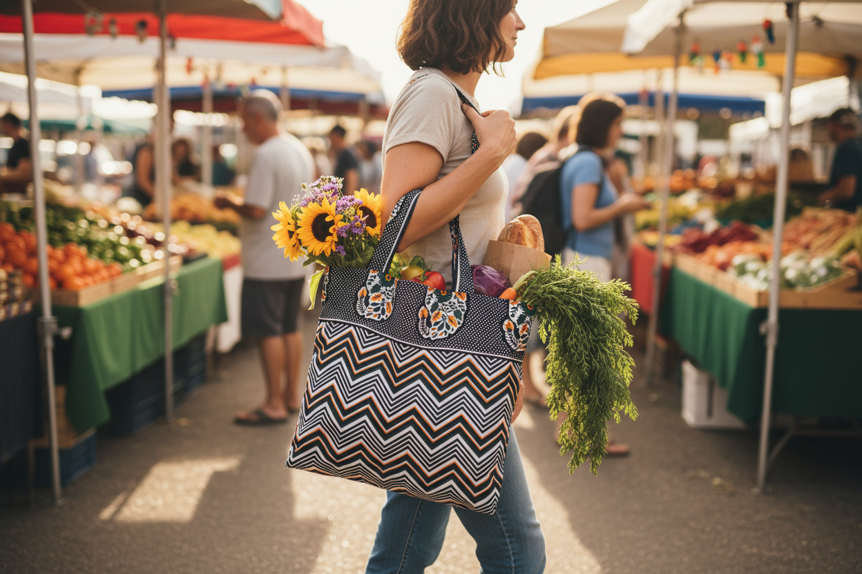 Person at farmers market carrying Chevron Orchard tote filled with fresh flowers and produce