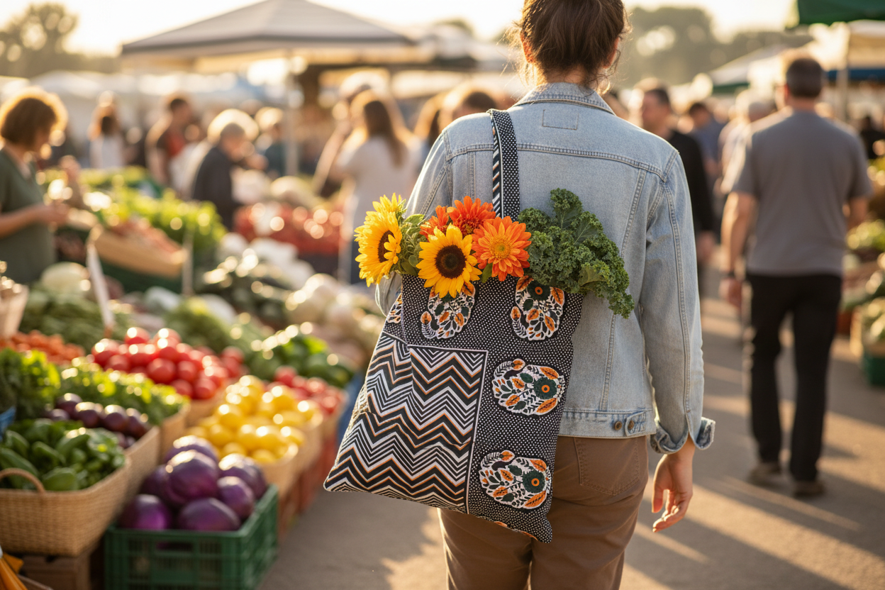 Back view of person at farmers market carrying Chevron Orchard tote with correct print orientation