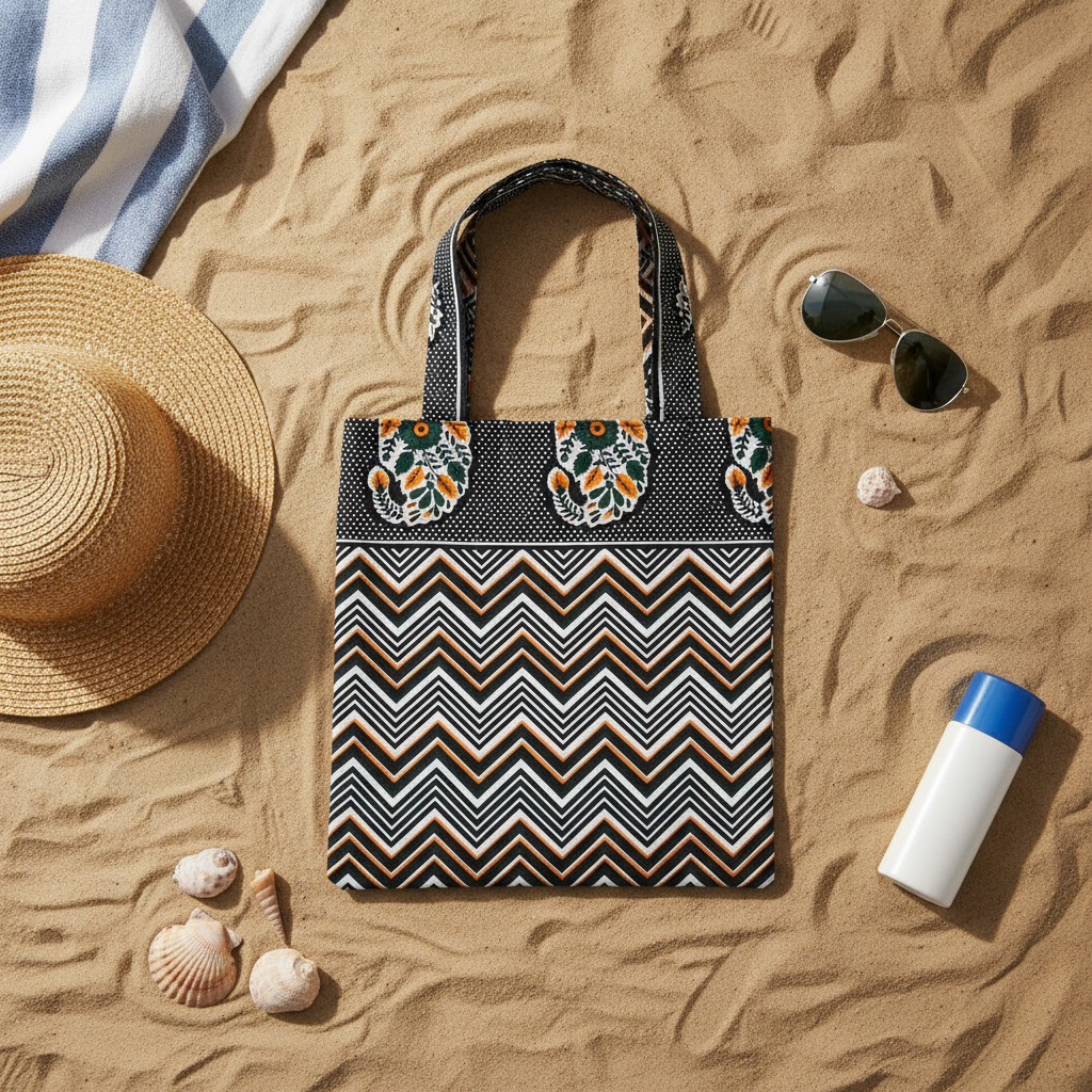 Patterned tote bag on sand with hat, sunglasses, and sunscreen