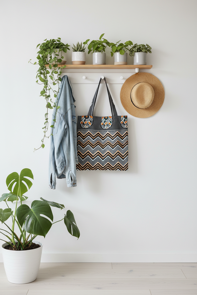 Entryway with plants, a bag, and a hat on a white wall.