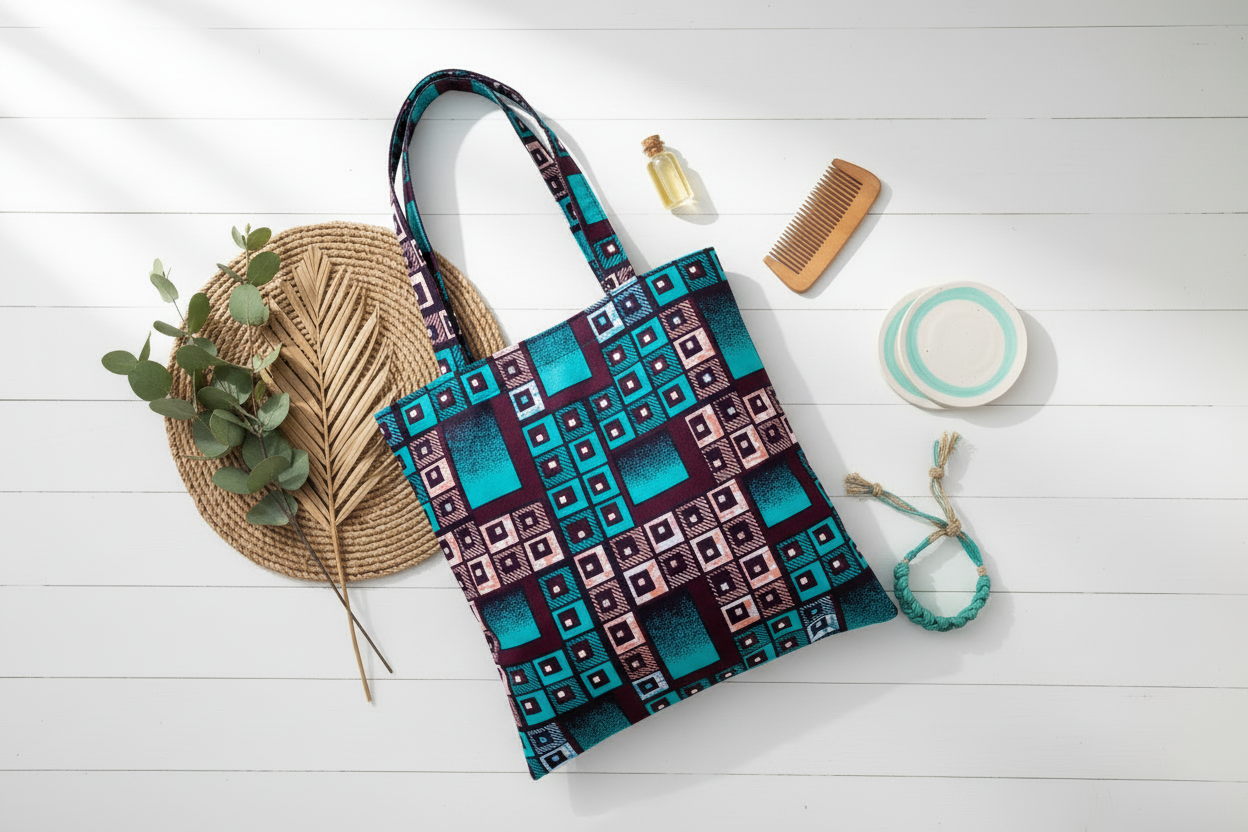 Overhead flat lay with elongated bag