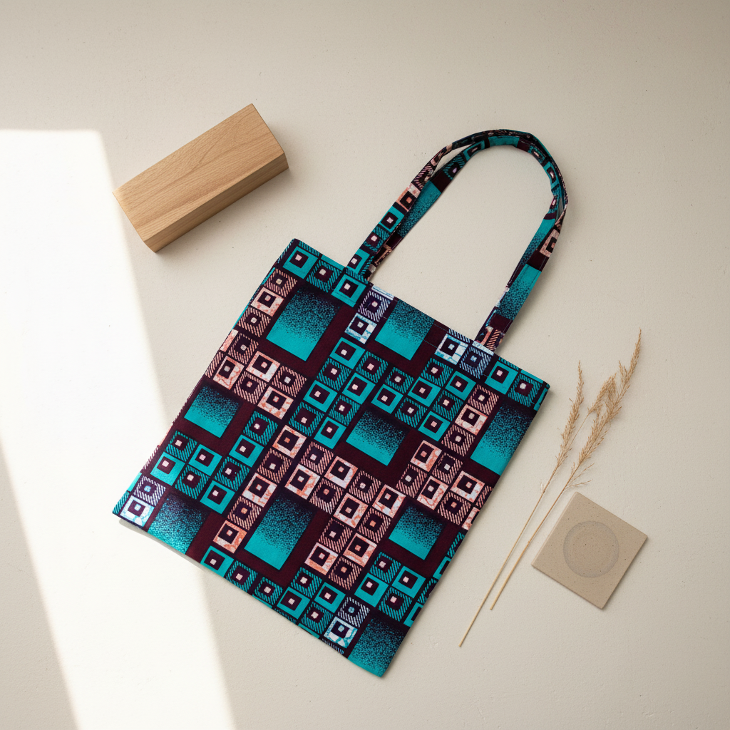Geometric print tote bag flat lay - turquoise, purple, and coral traditional patterns