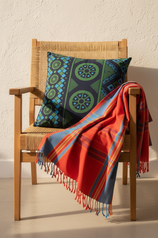 Clementine Skies kikoi draped casually over chair with diamond waterwheel cushion