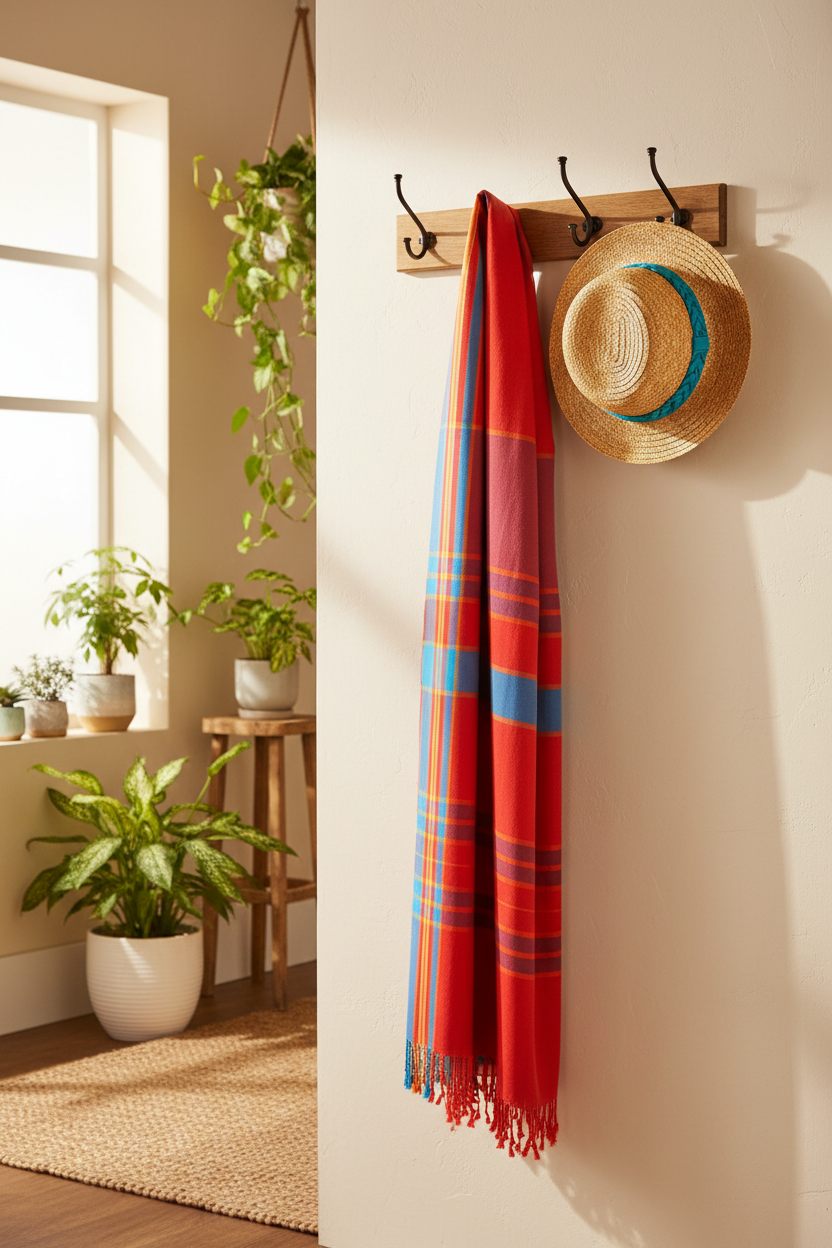 Clementine Skies kikoi hanging on hat rack with golden straw hat with braided turquoise headband in light-filled room with greenery