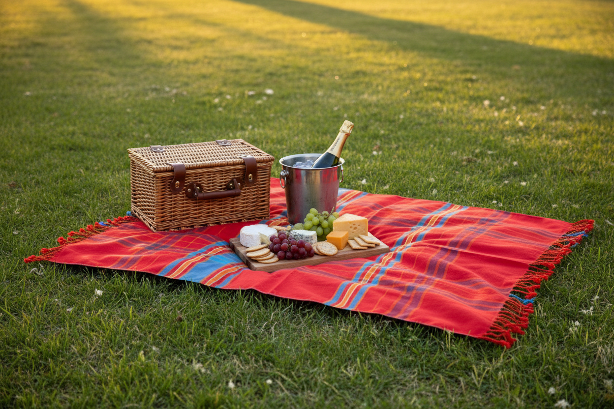 Clementine Skies kikoi spread on grass as picnic blanket with basket, champagne and cheese platter