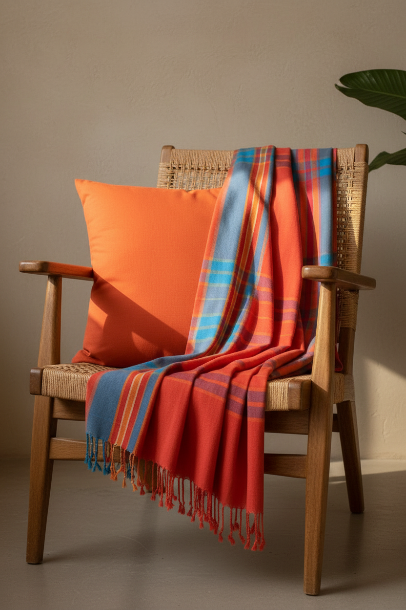 Clementine Skies kikoi draped casually over chair with sunny orange cushion