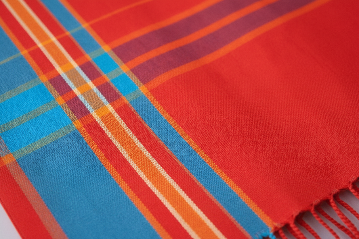 Close-up detail of Clementine Skies kikoi showing handwoven cotton weave pattern and fringe