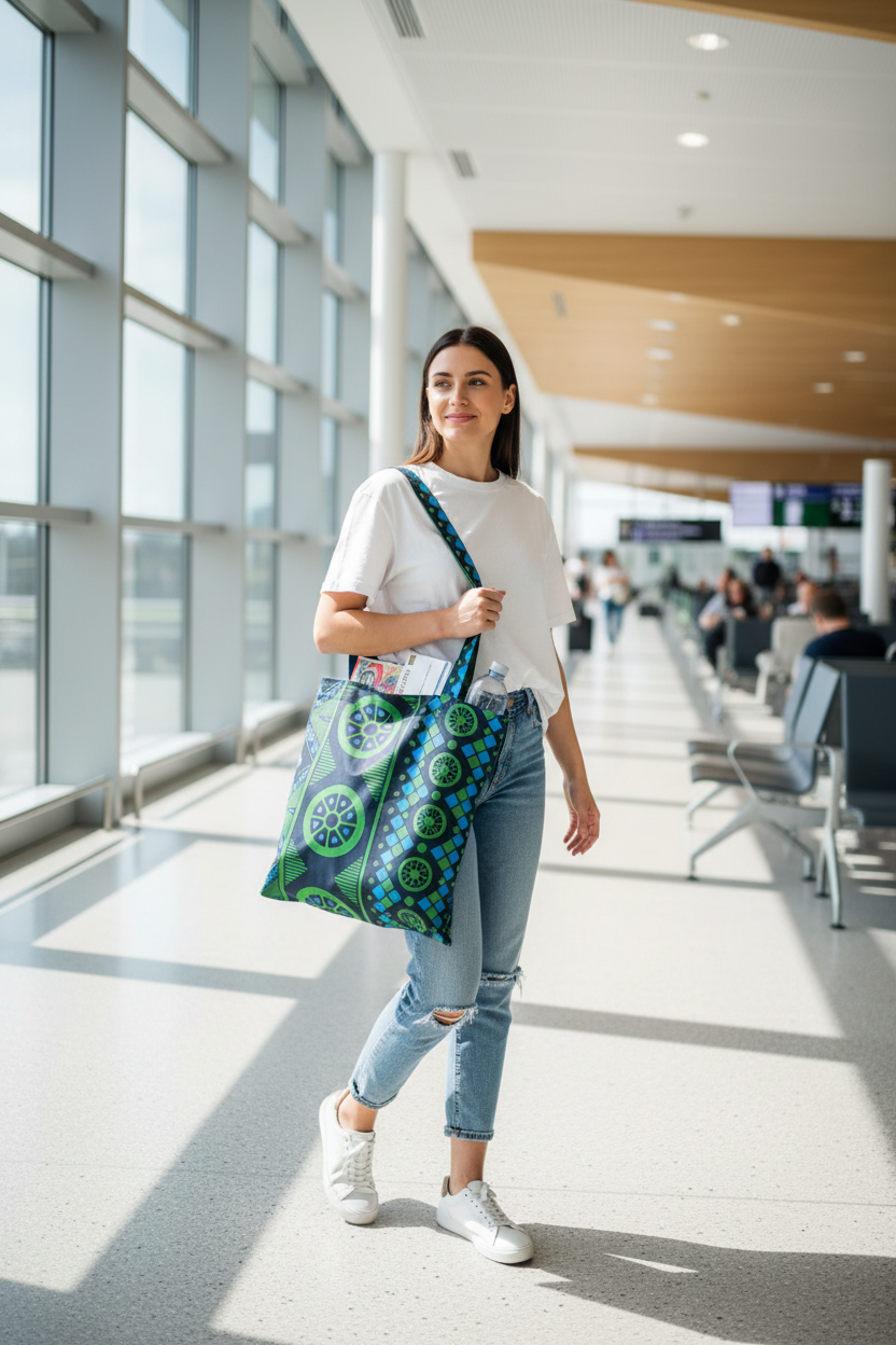 Woman holding a green and blue patterned bag in an indoor setting