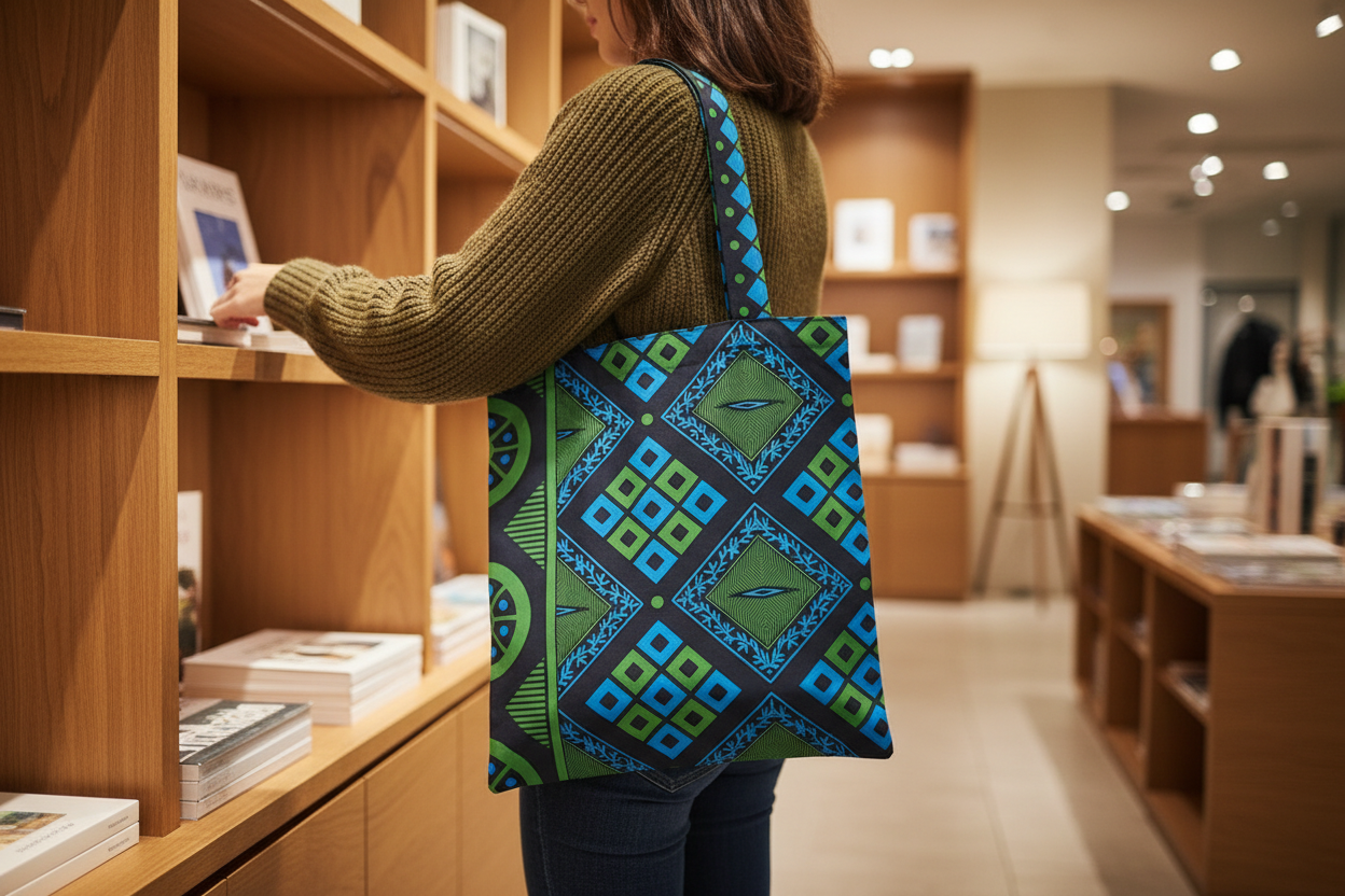 Person shopping in a bookstore with a patterned bag