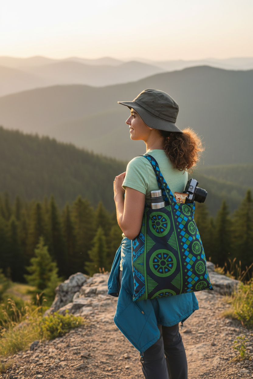 Woman with a patterned bag and camera standing on a mountain trail at sunset.