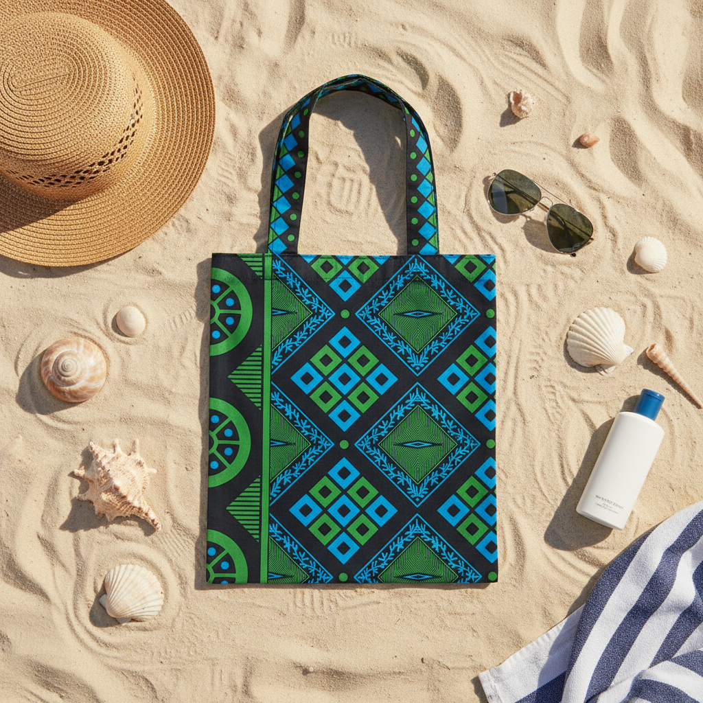 Patterned tote bag on sand with beach items like a hat, sunglasses, and sunscreen.