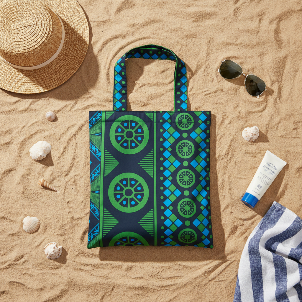 Tote bag with green and blue pattern on a sandy surface with beach items.