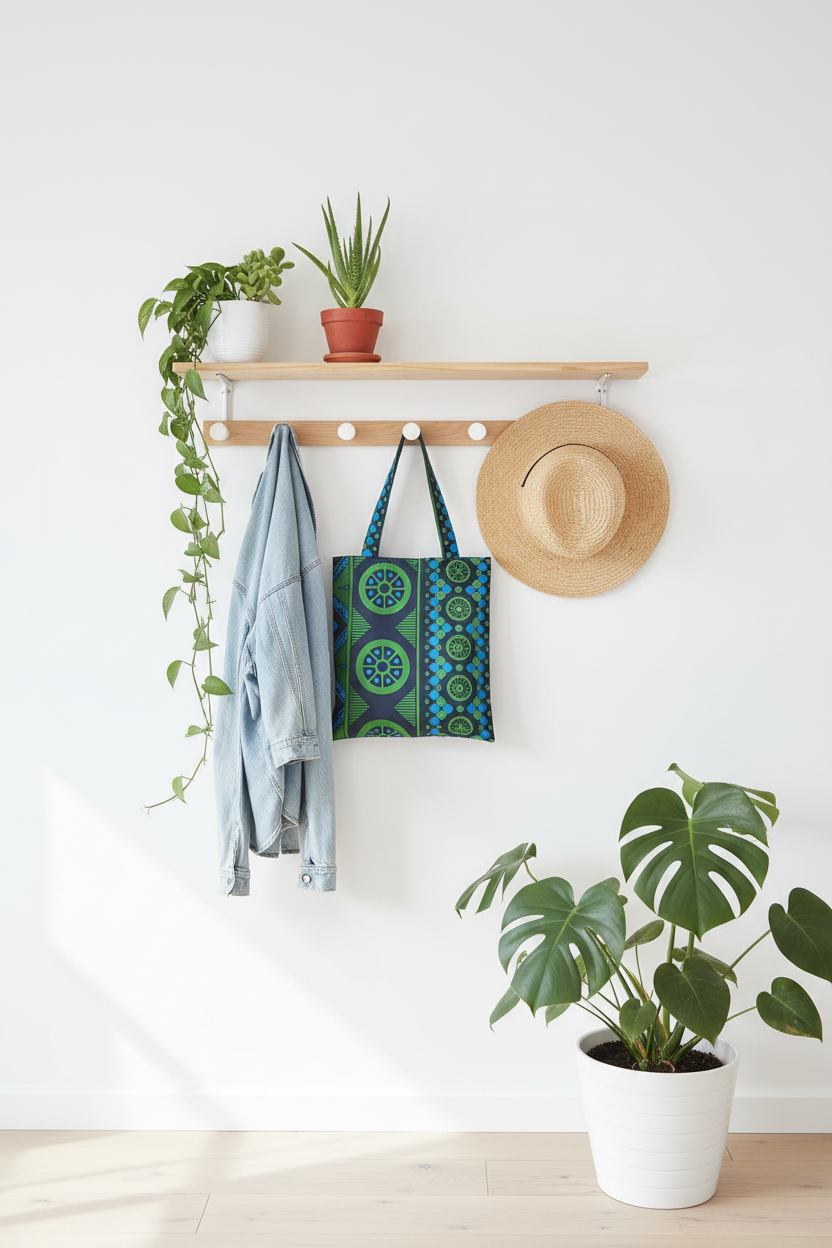 Wall-mounted coat rack with hooks holding a hat, bag, and jacket, with plants on a shelf and floor.