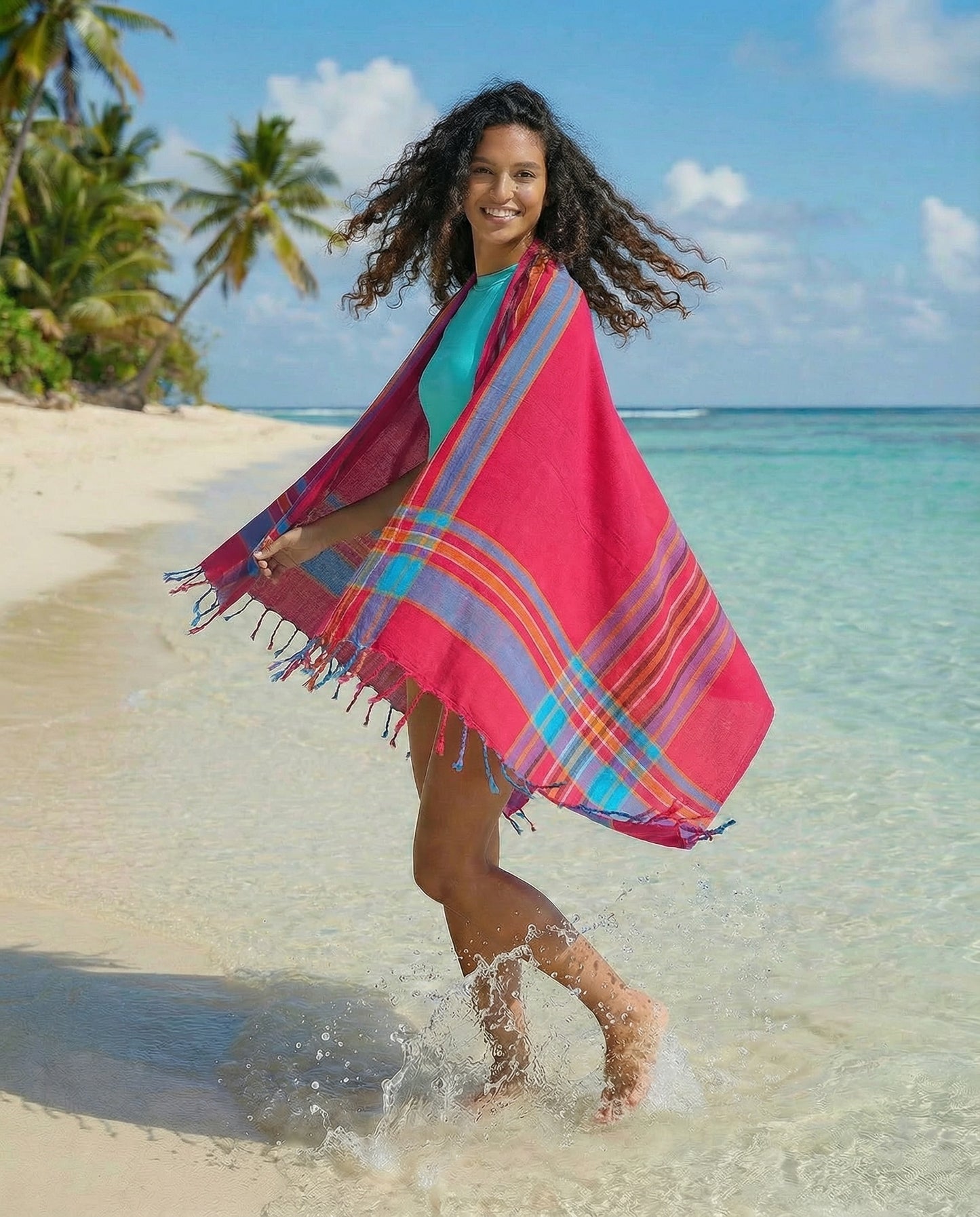 Woman on a beach with a red and turquoise sarong draped over her shoulders