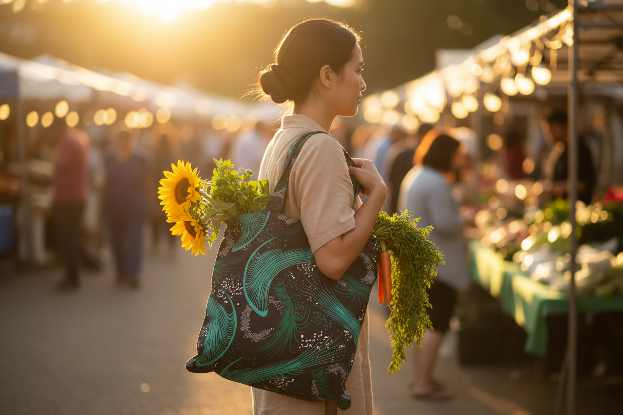 Woman carrying a floral arrangement and a green bag at an outdoor market.