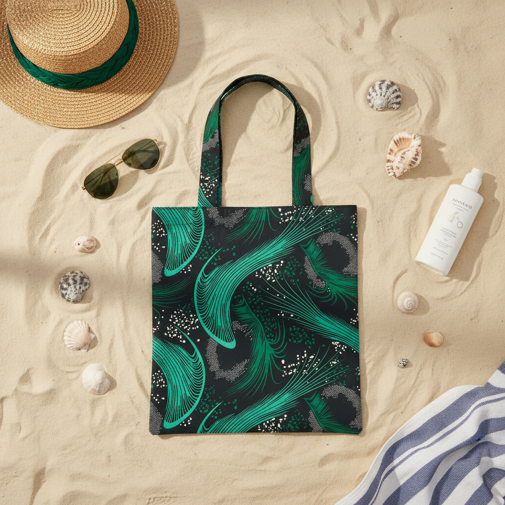 Green patterned tote bag on sand with sun hat, sunglasses, and shells