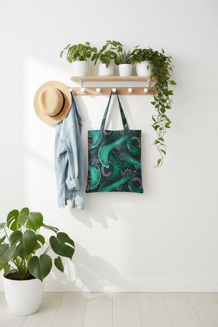 Tote bag with a green and black pattern hanging on a wooden hook with plants and a hat in the background.