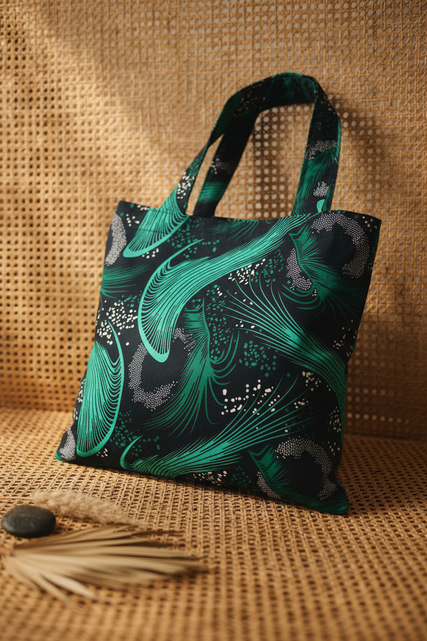 Emerald Swell African batik tote against natural textured backdrop showcasing artisanal quality