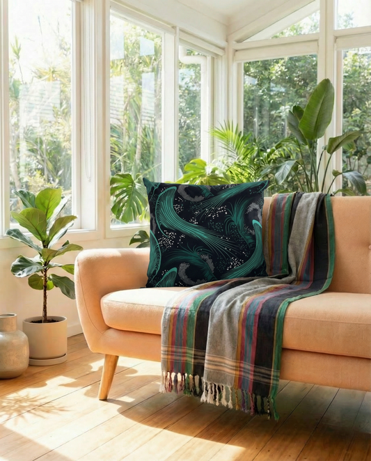 Decorative cushion and blanket on a peach sofa in a sunroom with plants