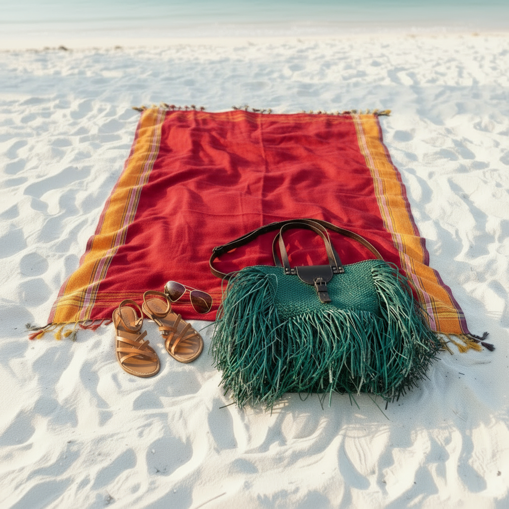 Red and yellow striped towel on a sandy beach with a green handbag and sunglasses.