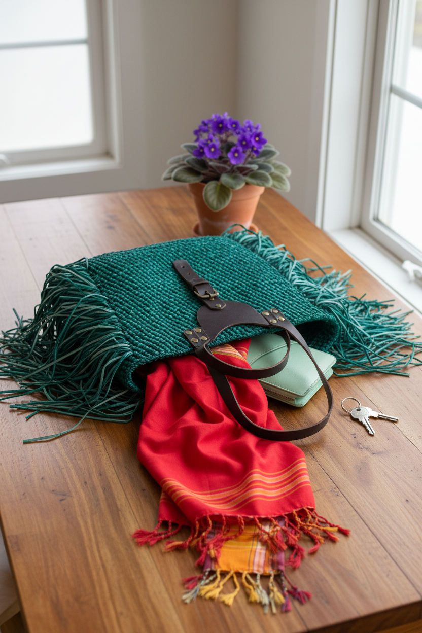 Colorful handbag with fringe on a wooden table, next to a potted plant and keys.