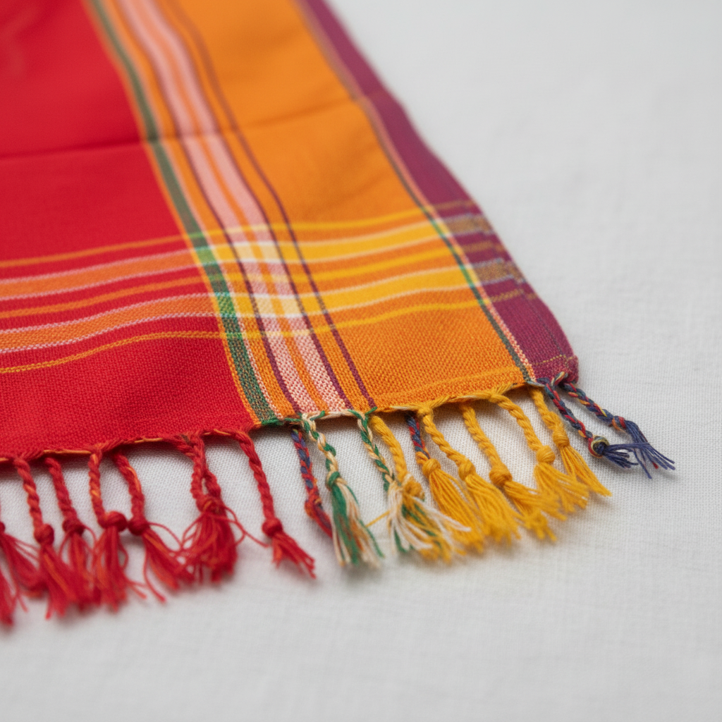 Colorful striped fabric with fringes on a light gray background
