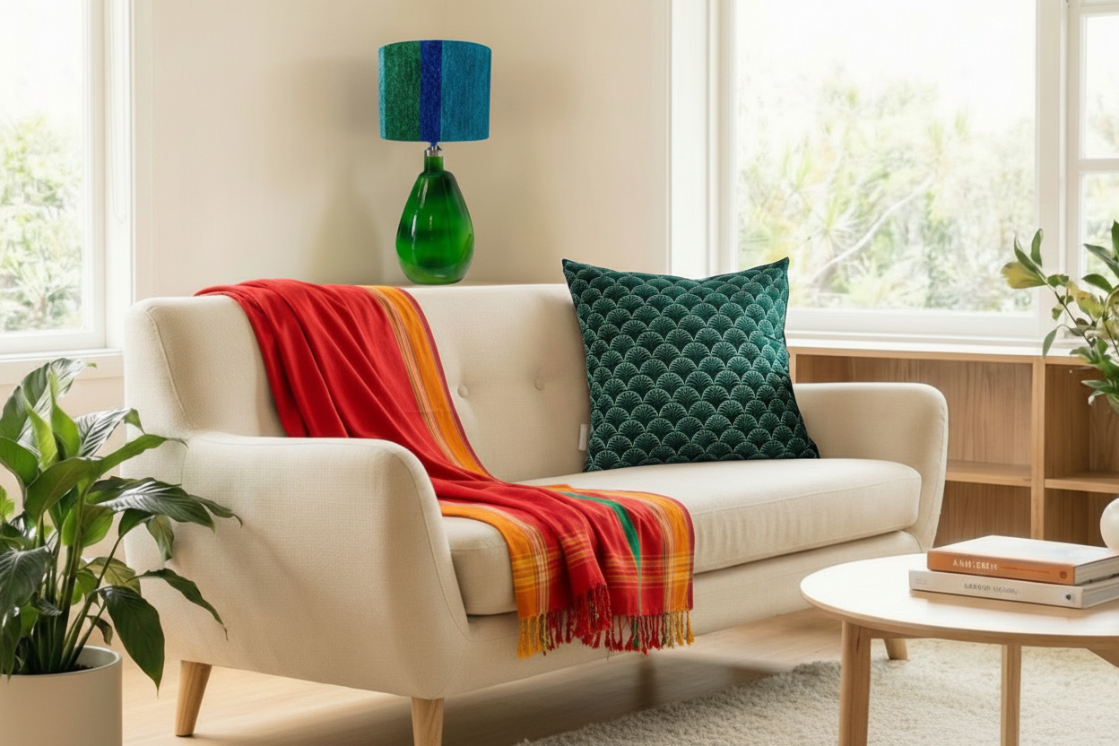 Beige sofa with a colorful blanket and green pillow in a bright living room.