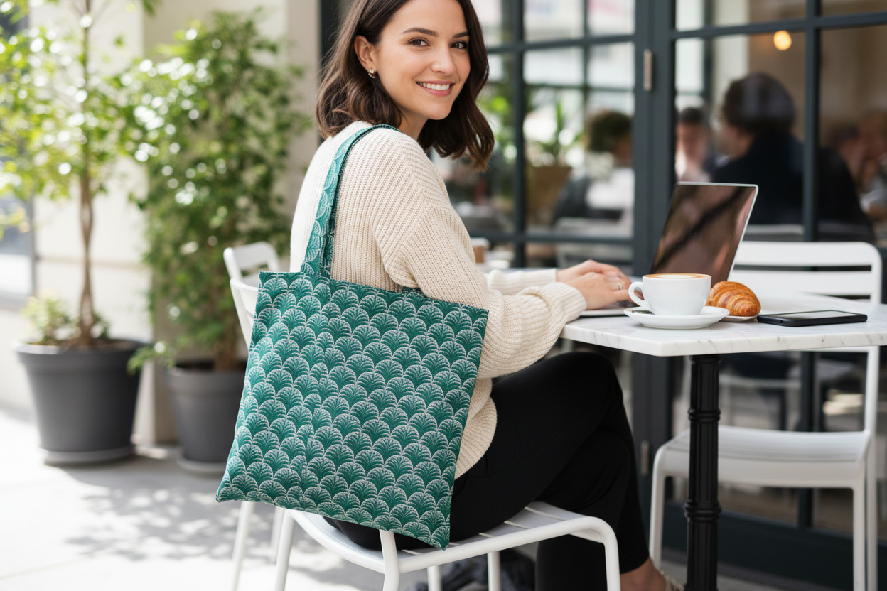 Cafe scene with green tote
