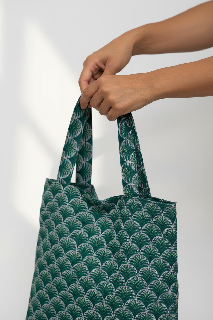 Hands holding Fountain Palm tote showing scale and comfortable grip