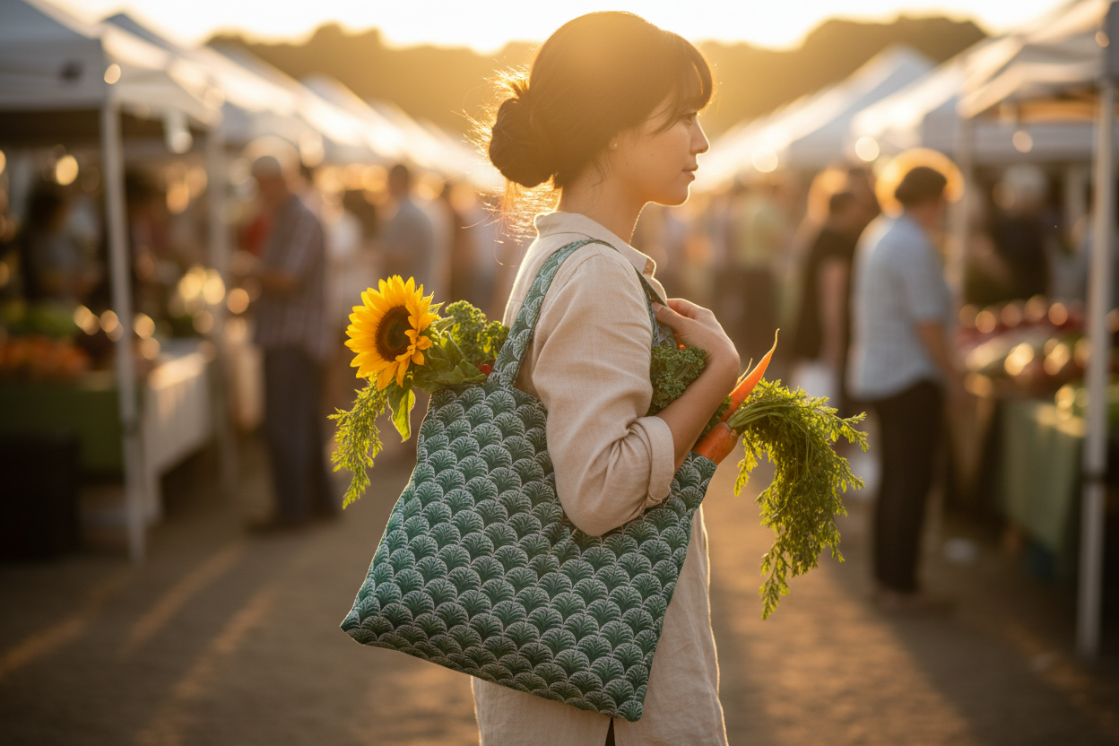 Woman holding a green textured bag with sunflowers and carrots at an outdoor market.
