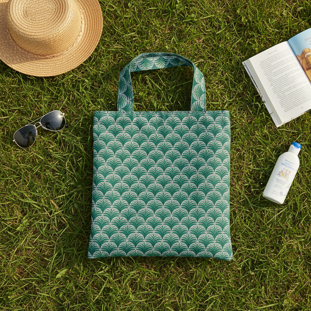 Green patterned tote bag on grass with a hat, sunglasses, book, and bottle nearby