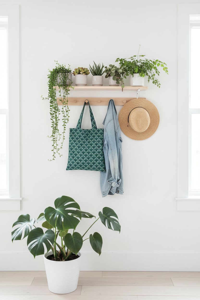 Entryway with plants, a hat, and bags on a wooden shelf against a white wall.