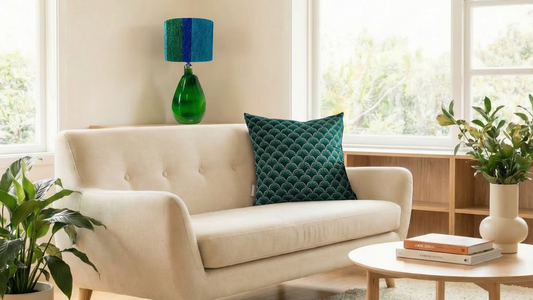 Living room with a beige sofa, green lamp, and green, black and white cushion.