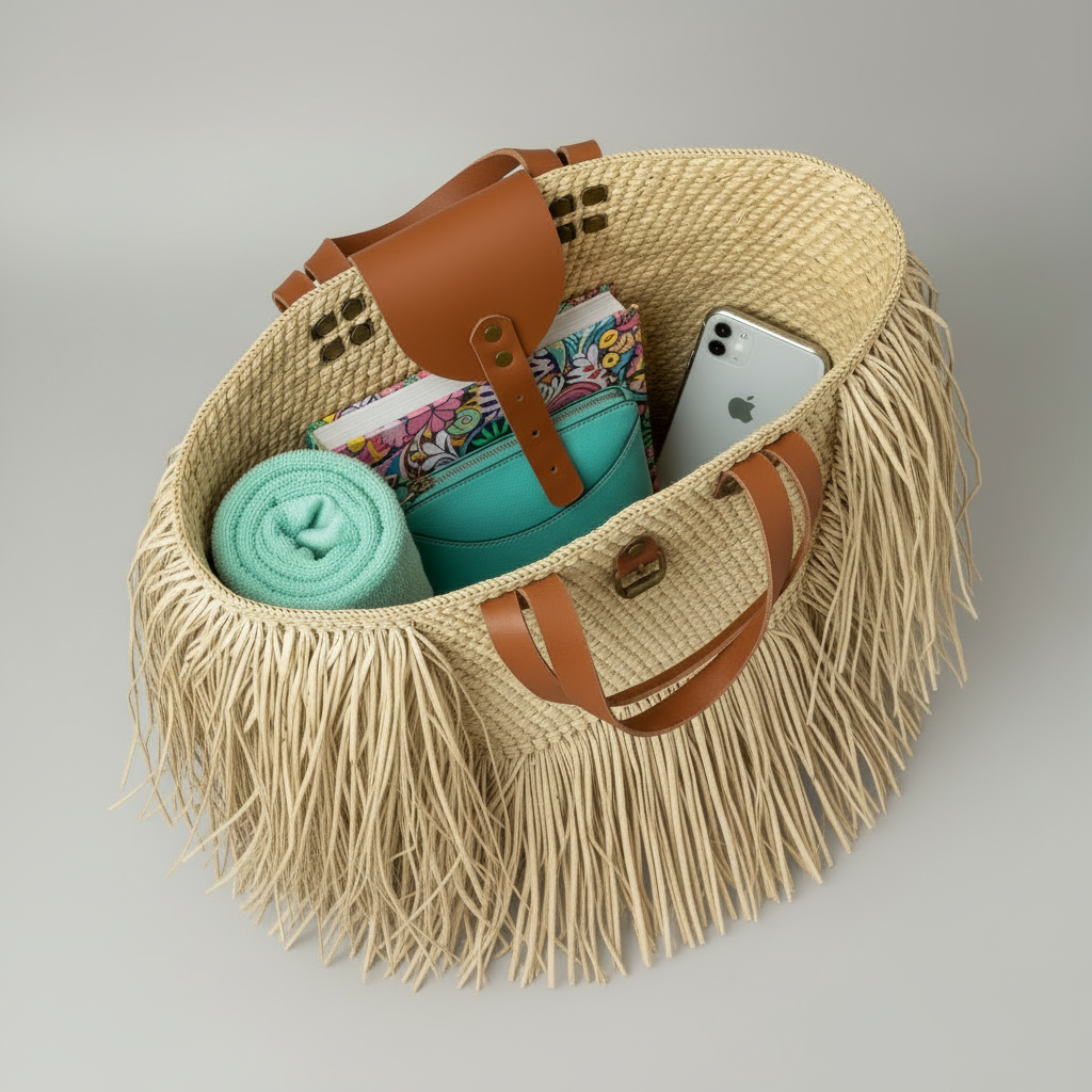 Overhead view of natural woven fringed tote with tan leather details and beach essentials